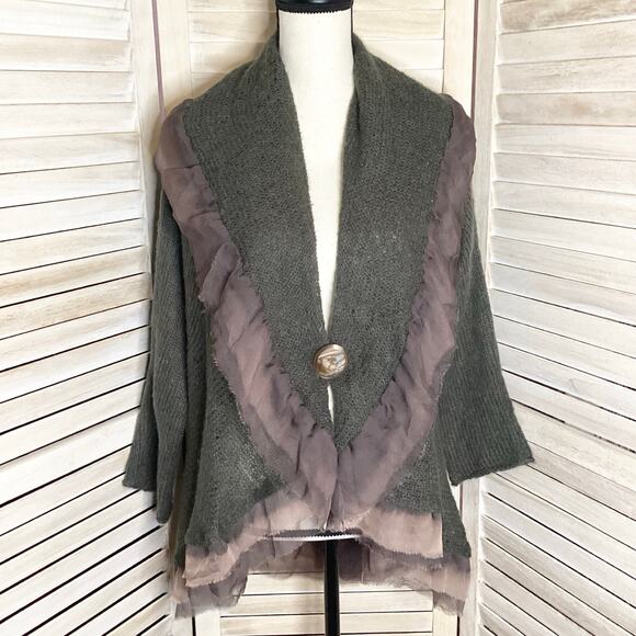 Vintage Olive 100% Wool Mohair? 100% Silk Trim Draped Shawl Neck Cardigan M/L - Picture 1 of 10